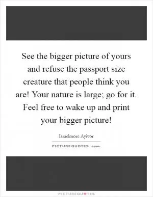 See the bigger picture of yours and refuse the passport size creature that people think you are! Your nature is large; go for it. Feel free to wake up and print your bigger picture! Picture Quote #1