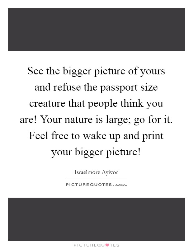 See the bigger picture of yours and refuse the passport size creature that people think you are! Your nature is large; go for it. Feel free to wake up and print your bigger picture! Picture Quote #1