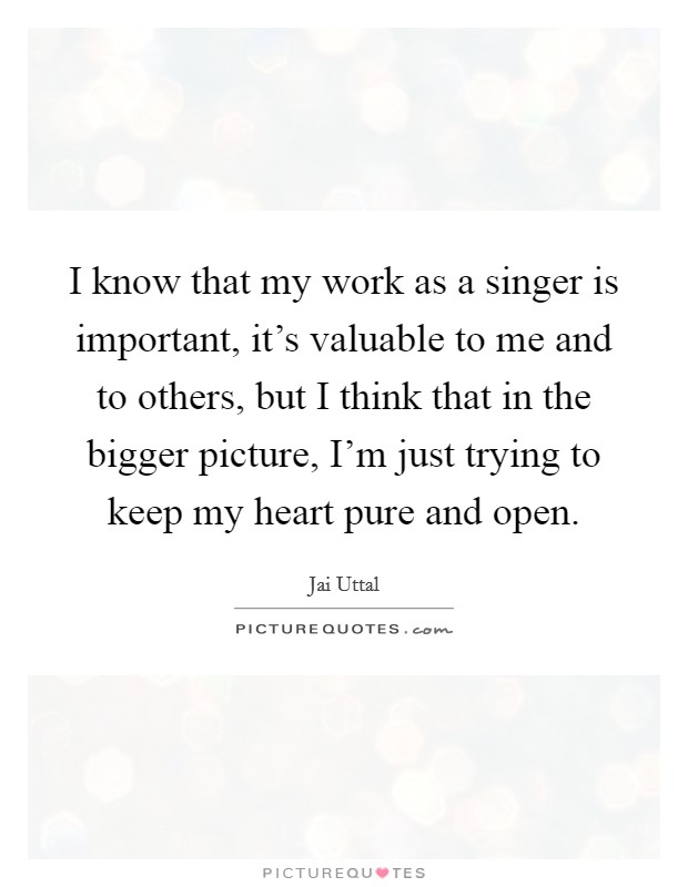 I know that my work as a singer is important, it's valuable to me and to others, but I think that in the bigger picture, I'm just trying to keep my heart pure and open. Picture Quote #1