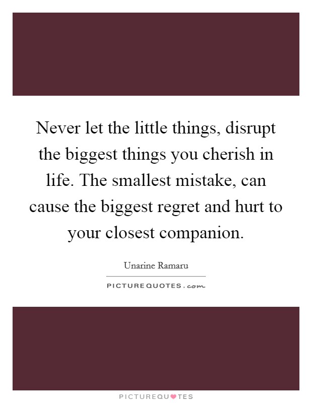 Never let the little things, disrupt the biggest things you cherish in life. The smallest mistake, can cause the biggest regret and hurt to your closest companion. Picture Quote #1