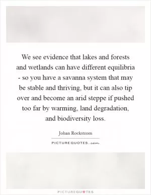 We see evidence that lakes and forests and wetlands can have different equilibria - so you have a savanna system that may be stable and thriving, but it can also tip over and become an arid steppe if pushed too far by warming, land degradation, and biodiversity loss Picture Quote #1