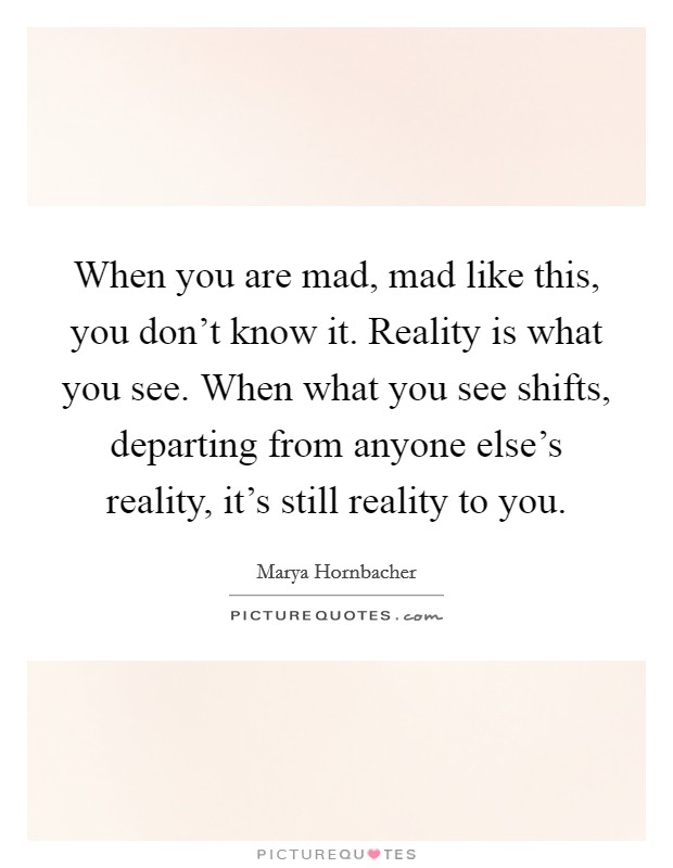 When you are mad, mad like this, you don't know it. Reality is what you see. When what you see shifts, departing from anyone else's reality, it's still reality to you. Picture Quote #1