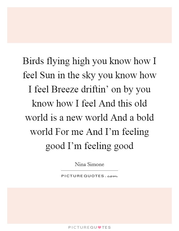 Birds flying high you know how I feel Sun in the sky you know how I feel Breeze driftin' on by you know how I feel And this old world is a new world And a bold world For me And I'm feeling good I'm feeling good Picture Quote #1