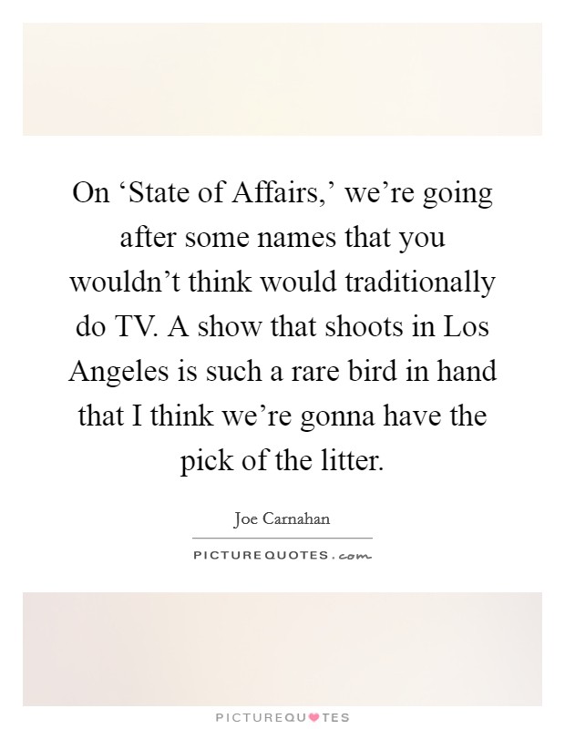 On ‘State of Affairs,' we're going after some names that you wouldn't think would traditionally do TV. A show that shoots in Los Angeles is such a rare bird in hand that I think we're gonna have the pick of the litter. Picture Quote #1
