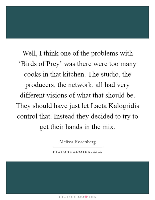 Well, I think one of the problems with ‘Birds of Prey' was there were too many cooks in that kitchen. The studio, the producers, the network, all had very different visions of what that should be. They should have just let Laeta Kalogridis control that. Instead they decided to try to get their hands in the mix. Picture Quote #1