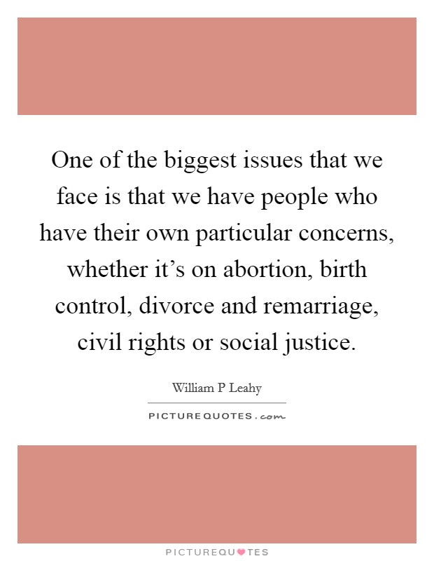 One of the biggest issues that we face is that we have people who have their own particular concerns, whether it's on abortion, birth control, divorce and remarriage, civil rights or social justice. Picture Quote #1