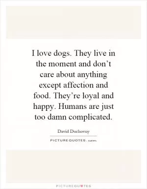I love dogs. They live in the moment and don’t care about anything except affection and food. They’re loyal and happy. Humans are just too damn complicated Picture Quote #1