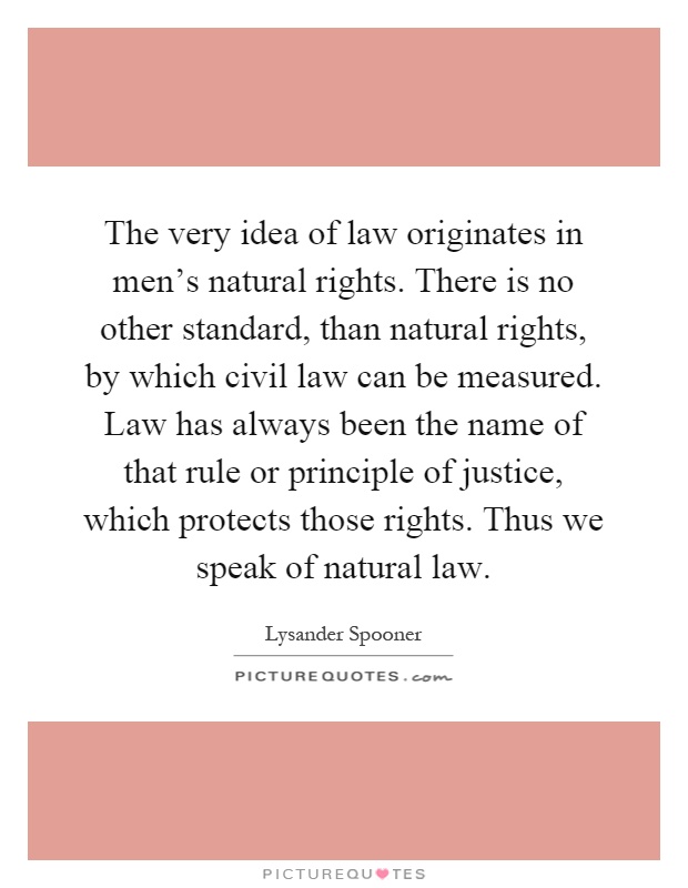 The very idea of law originates in men's natural rights. There is no other standard, than natural rights, by which civil law can be measured. Law has always been the name of that rule or principle of justice, which protects those rights. Thus we speak of natural law Picture Quote #1