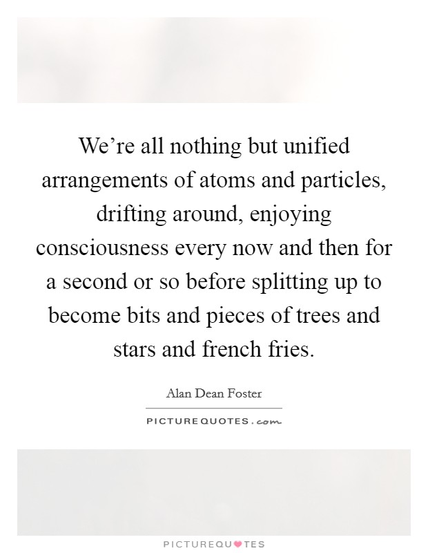 We're all nothing but unified arrangements of atoms and particles, drifting around, enjoying consciousness every now and then for a second or so before splitting up to become bits and pieces of trees and stars and french fries. Picture Quote #1