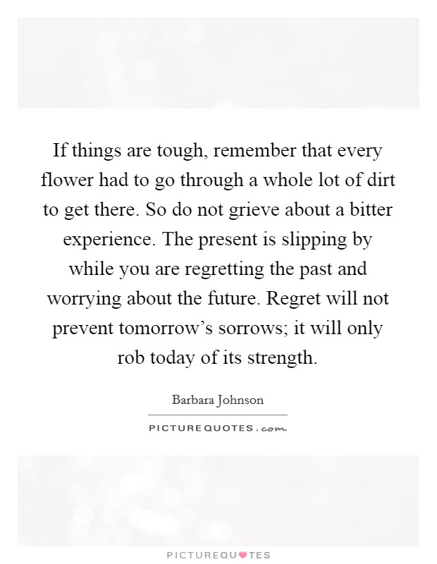 If things are tough, remember that every flower had to go through a whole lot of dirt to get there. So do not grieve about a bitter experience. The present is slipping by while you are regretting the past and worrying about the future. Regret will not prevent tomorrow's sorrows; it will only rob today of its strength. Picture Quote #1