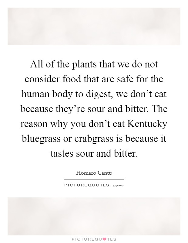 All of the plants that we do not consider food that are safe for the human body to digest, we don't eat because they're sour and bitter. The reason why you don't eat Kentucky bluegrass or crabgrass is because it tastes sour and bitter. Picture Quote #1