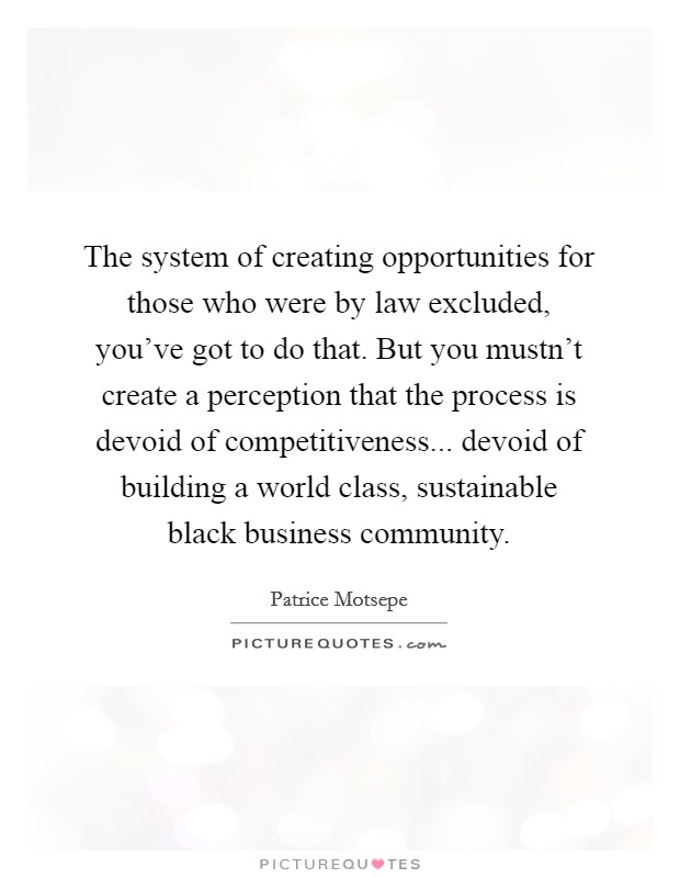 The system of creating opportunities for those who were by law excluded, you've got to do that. But you mustn't create a perception that the process is devoid of competitiveness... devoid of building a world class, sustainable black business community. Picture Quote #1