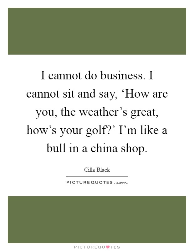 I cannot do business. I cannot sit and say, ‘How are you, the weather's great, how's your golf?' I'm like a bull in a china shop. Picture Quote #1