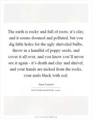 The earth is rocky and full of roots; it’s clay, and it seems doomed and polluted, but you dig little holes for the ugly shriveled bulbs, throw in a handful of poppy seeds, and cover it all over, and you know you’ll never see it again - it’s death and clay and shrivel, and your hands are nicked from the rocks, your nails black with soil Picture Quote #1