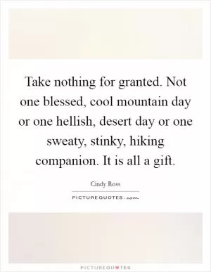 Take nothing for granted. Not one blessed, cool mountain day or one hellish, desert day or one sweaty, stinky, hiking companion. It is all a gift Picture Quote #1
