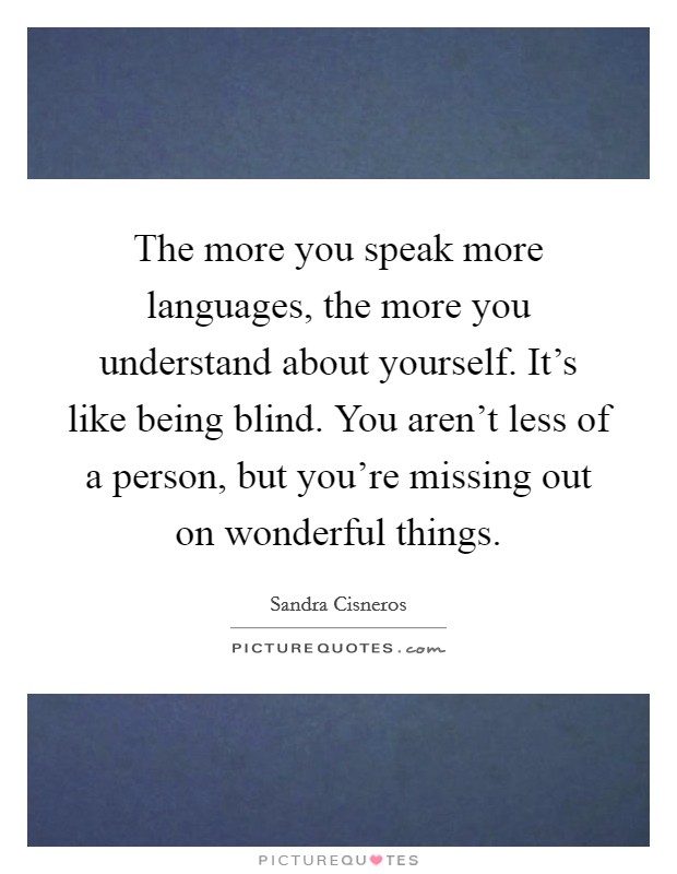 The more you speak more languages, the more you understand about yourself. It's like being blind. You aren't less of a person, but you're missing out on wonderful things. Picture Quote #1
