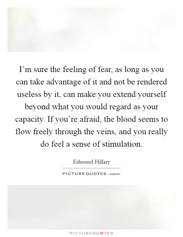 I'm sure the feeling of fear, as long as you can take advantage of it and not be rendered useless by it, can make you extend yourself beyond what you would regard as your capacity. If you're afraid, the blood seems to flow freely through the veins, and you really do feel a sense of stimulation. Picture Quote #1