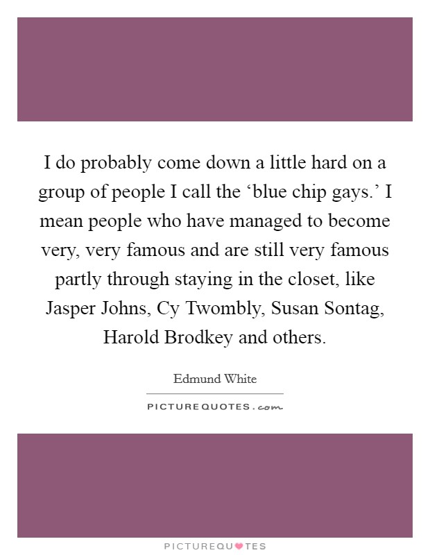 I do probably come down a little hard on a group of people I call the ‘blue chip gays.' I mean people who have managed to become very, very famous and are still very famous partly through staying in the closet, like Jasper Johns, Cy Twombly, Susan Sontag, Harold Brodkey and others. Picture Quote #1