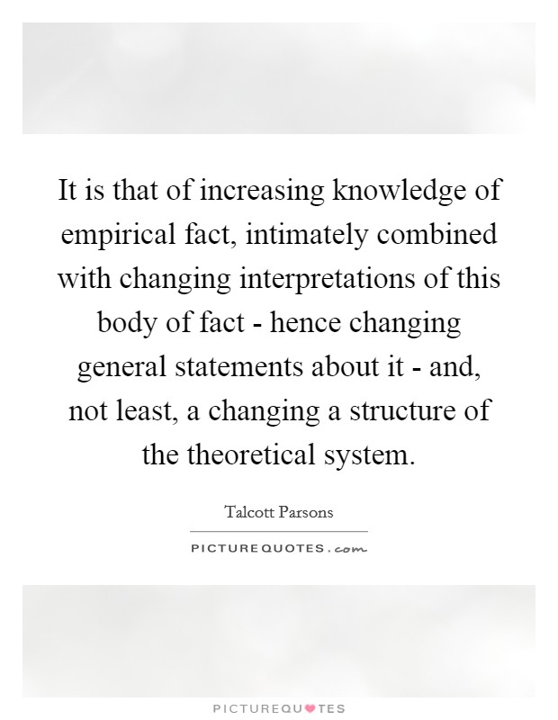 It is that of increasing knowledge of empirical fact, intimately combined with changing interpretations of this body of fact - hence changing general statements about it - and, not least, a changing a structure of the theoretical system. Picture Quote #1