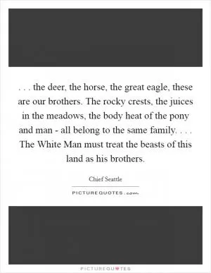 . . . the deer, the horse, the great eagle, these are our brothers. The rocky crests, the juices in the meadows, the body heat of the pony and man - all belong to the same family. . . . The White Man must treat the beasts of this land as his brothers Picture Quote #1