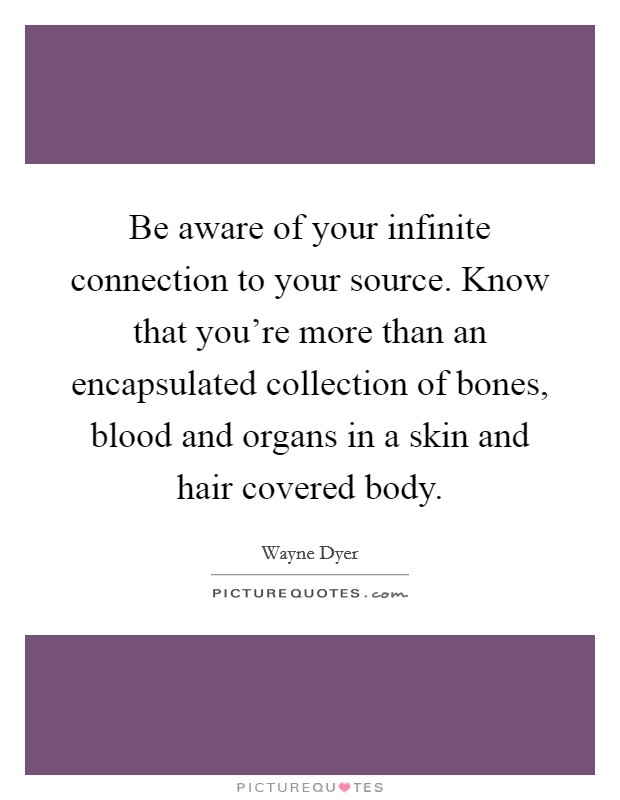Be aware of your infinite connection to your source. Know that you're more than an encapsulated collection of bones, blood and organs in a skin and hair covered body. Picture Quote #1