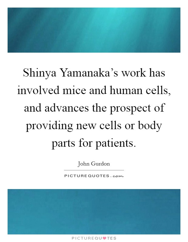 Shinya Yamanaka's work has involved mice and human cells, and advances the prospect of providing new cells or body parts for patients. Picture Quote #1