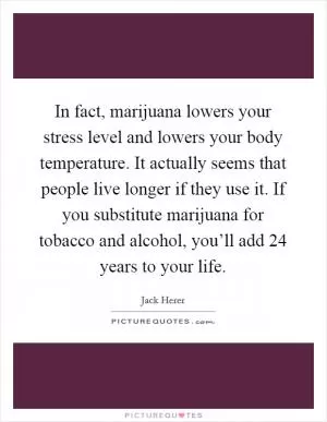 In fact, marijuana lowers your stress level and lowers your body temperature. It actually seems that people live longer if they use it. If you substitute marijuana for tobacco and alcohol, you’ll add 24 years to your life Picture Quote #1