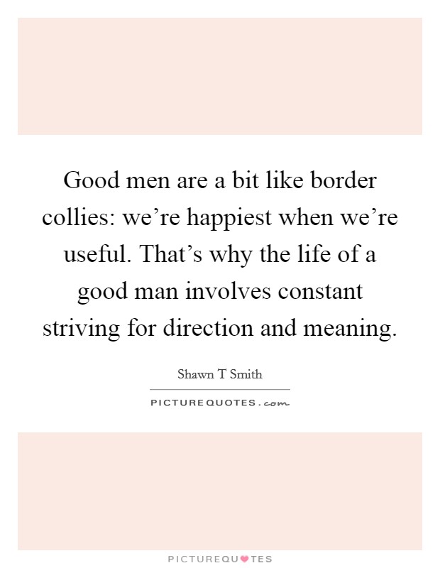 Good men are a bit like border collies: we're happiest when we're useful. That's why the life of a good man involves constant striving for direction and meaning. Picture Quote #1