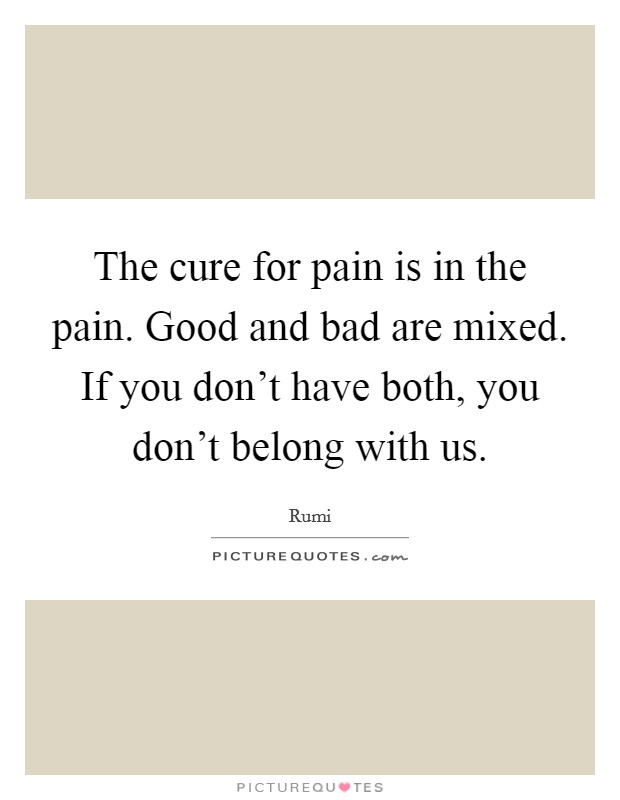 The cure for pain is in the pain. Good and bad are mixed. If you don't have both, you don't belong with us. Picture Quote #1