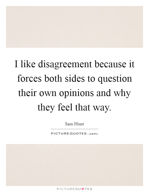 I like disagreement because it forces both sides to question their own opinions and why they feel that way. Picture Quote #1