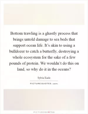 Bottom trawling is a ghastly process that brings untold damage to sea beds that support ocean life. It’s akin to using a bulldozer to catch a butterfly, destroying a whole ecosystem for the sake of a few pounds of protein. We wouldn’t do this on land, so why do it in the oceans? Picture Quote #1