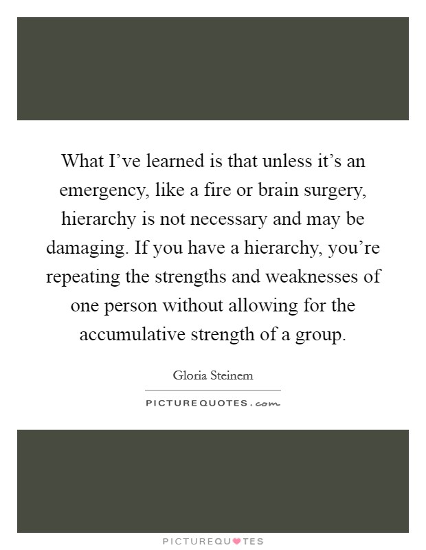 What I've learned is that unless it's an emergency, like a fire or brain surgery, hierarchy is not necessary and may be damaging. If you have a hierarchy, you're repeating the strengths and weaknesses of one person without allowing for the accumulative strength of a group. Picture Quote #1