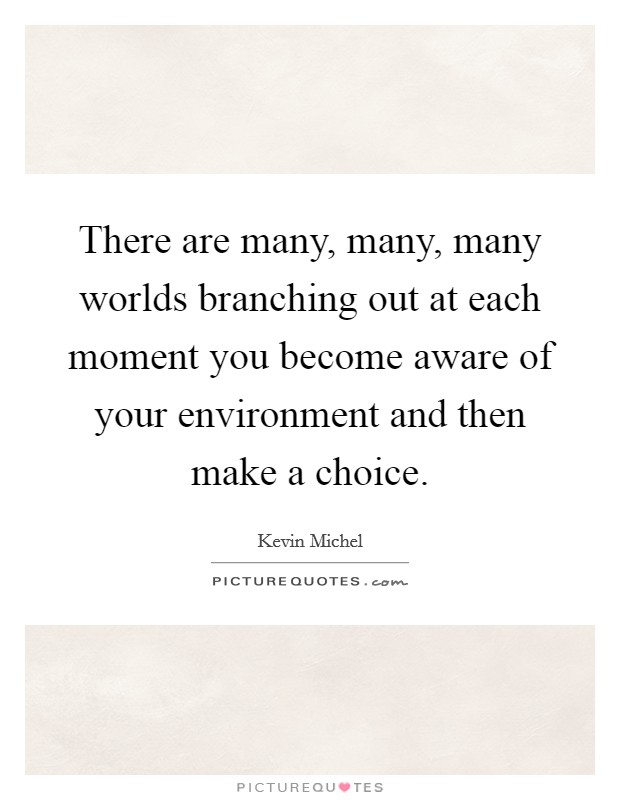 There are many, many, many worlds branching out at each moment you become aware of your environment and then make a choice. Picture Quote #1