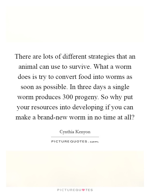 There are lots of different strategies that an animal can use to survive. What a worm does is try to convert food into worms as soon as possible. In three days a single worm produces 300 progeny. So why put your resources into developing if you can make a brand-new worm in no time at all? Picture Quote #1