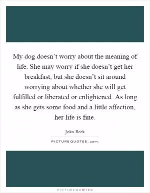 My dog doesn’t worry about the meaning of life. She may worry if she doesn’t get her breakfast, but she doesn’t sit around worrying about whether she will get fulfilled or liberated or enlightened. As long as she gets some food and a little affection, her life is fine Picture Quote #1