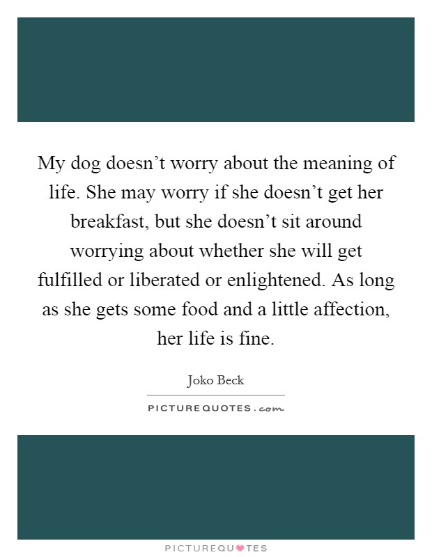 My dog doesn't worry about the meaning of life. She may worry if she doesn't get her breakfast, but she doesn't sit around worrying about whether she will get fulfilled or liberated or enlightened. As long as she gets some food and a little affection, her life is fine. Picture Quote #1