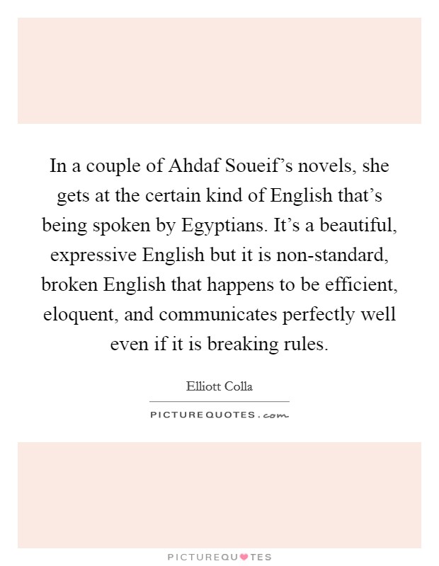 In a couple of Ahdaf Soueif's novels, she gets at the certain kind of English that's being spoken by Egyptians. It's a beautiful, expressive English but it is non-standard, broken English that happens to be efficient, eloquent, and communicates perfectly well even if it is breaking rules. Picture Quote #1