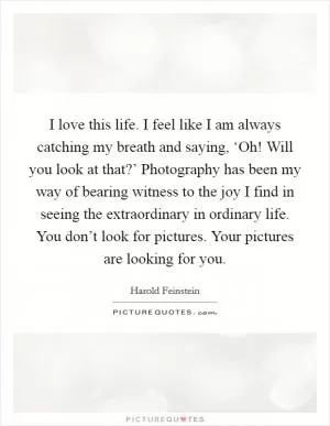 I love this life. I feel like I am always catching my breath and saying, ‘Oh! Will you look at that?’ Photography has been my way of bearing witness to the joy I find in seeing the extraordinary in ordinary life. You don’t look for pictures. Your pictures are looking for you Picture Quote #1