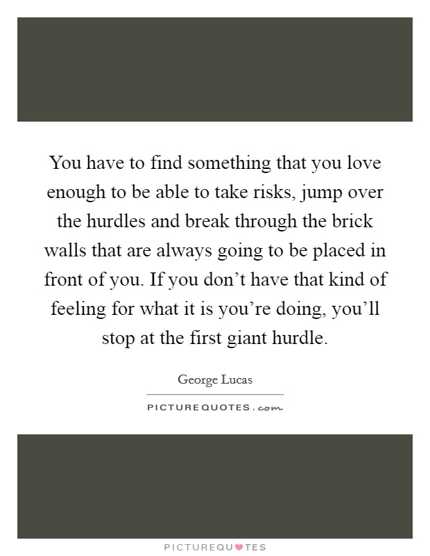 You have to find something that you love enough to be able to take risks, jump over the hurdles and break through the brick walls that are always going to be placed in front of you. If you don't have that kind of feeling for what it is you're doing, you'll stop at the first giant hurdle. Picture Quote #1