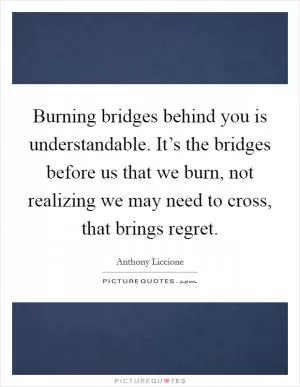 Burning bridges behind you is understandable. It’s the bridges before us that we burn, not realizing we may need to cross, that brings regret Picture Quote #1
