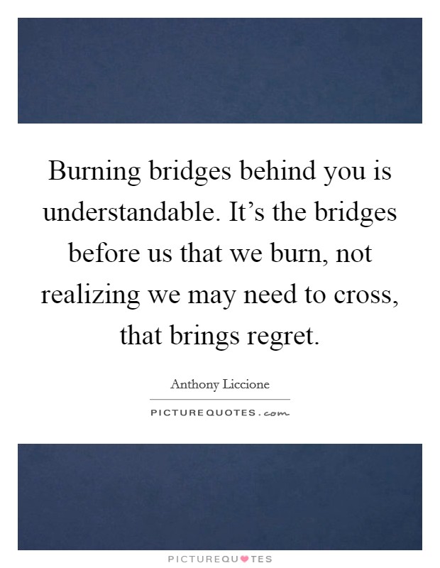 Burning bridges behind you is understandable. It's the bridges before us that we burn, not realizing we may need to cross, that brings regret. Picture Quote #1