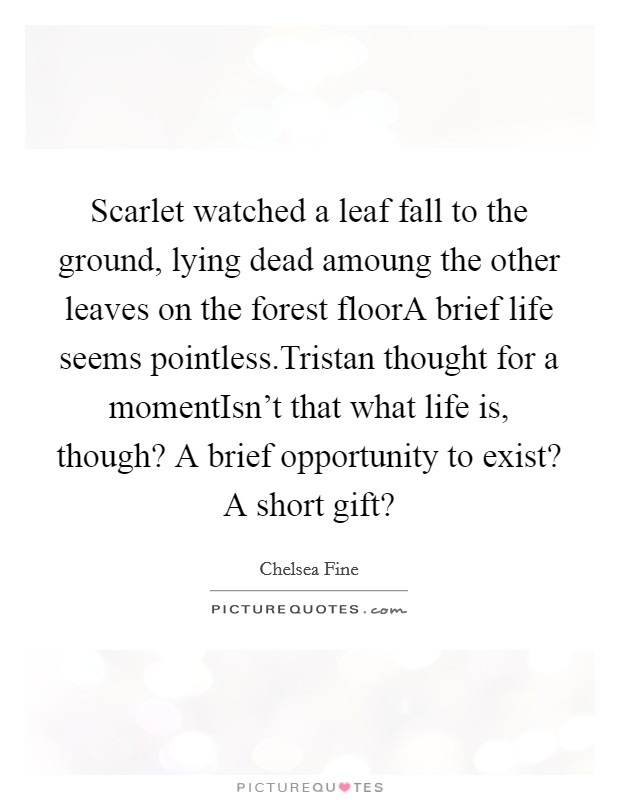 Scarlet watched a leaf fall to the ground, lying dead amoung the other leaves on the forest floorA brief life seems pointless.Tristan thought for a momentIsn't that what life is, though? A brief opportunity to exist? A short gift? Picture Quote #1