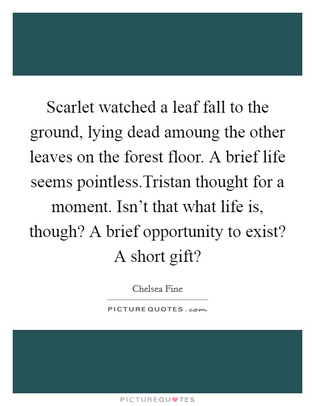 Scarlet watched a leaf fall to the ground, lying dead amoung the other leaves on the forest floor. A brief life seems pointless.Tristan thought for a moment. Isn't that what life is, though? A brief opportunity to exist? A short gift? Picture Quote #1