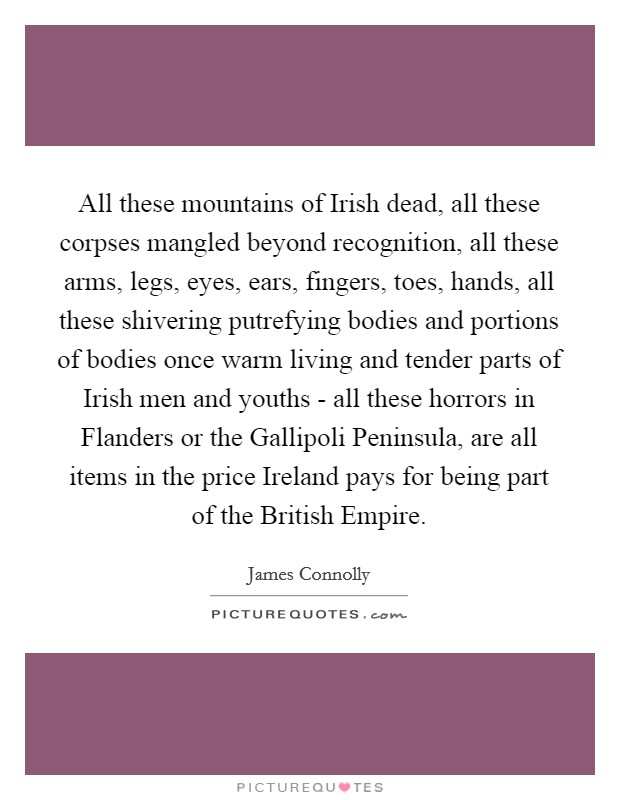 All these mountains of Irish dead, all these corpses mangled beyond recognition, all these arms, legs, eyes, ears, fingers, toes, hands, all these shivering putrefying bodies and portions of bodies once warm living and tender parts of Irish men and youths - all these horrors in Flanders or the Gallipoli Peninsula, are all items in the price Ireland pays for being part of the British Empire. Picture Quote #1