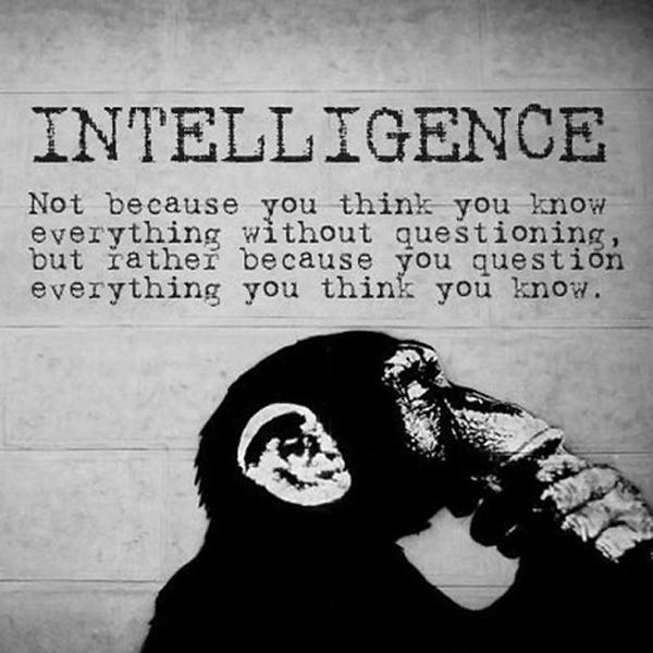 Intelligence. Not because you think you know everything without questioning, but rather because you question everything you think you know Picture Quote #1