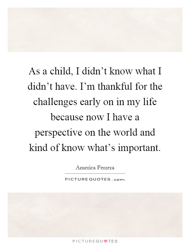 As a child, I didn't know what I didn't have. I'm thankful for the challenges early on in my life because now I have a perspective on the world and kind of know what's important Picture Quote #1