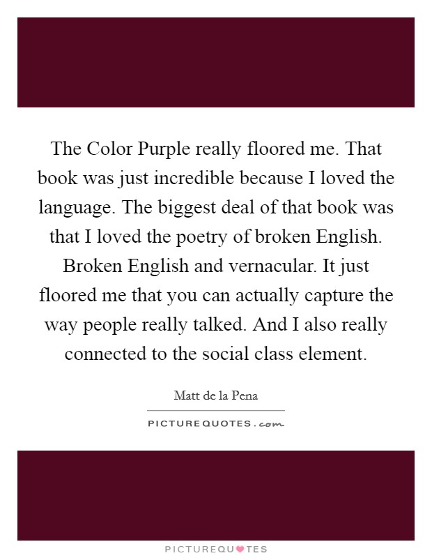 The Color Purple really floored me. That book was just incredible because I loved the language. The biggest deal of that book was that I loved the poetry of broken English. Broken English and vernacular. It just floored me that you can actually capture the way people really talked. And I also really connected to the social class element. Picture Quote #1