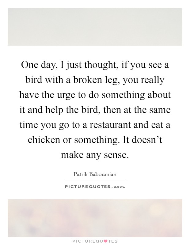 One day, I just thought, if you see a bird with a broken leg, you really have the urge to do something about it and help the bird, then at the same time you go to a restaurant and eat a chicken or something. It doesn't make any sense. Picture Quote #1