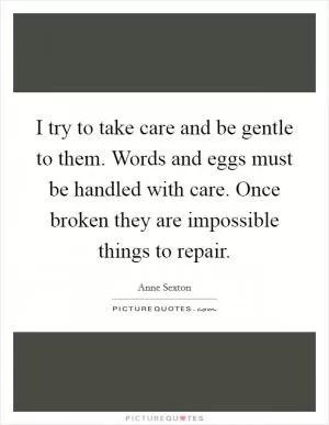 I try to take care and be gentle to them. Words and eggs must be handled with care. Once broken they are impossible things to repair Picture Quote #1