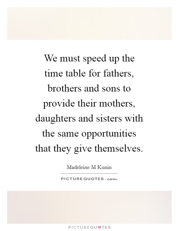 We must speed up the time table for fathers, brothers and sons to provide their mothers, daughters and sisters with the same opportunities that they give themselves. Picture Quote #1